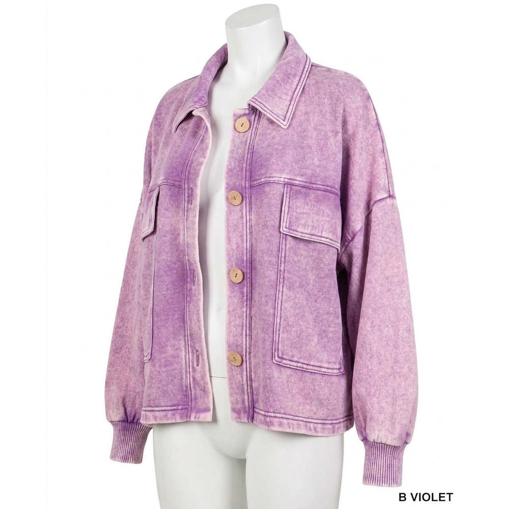 NEW ZENANA acid wash fleece cropped shacket with front pockets in b violet